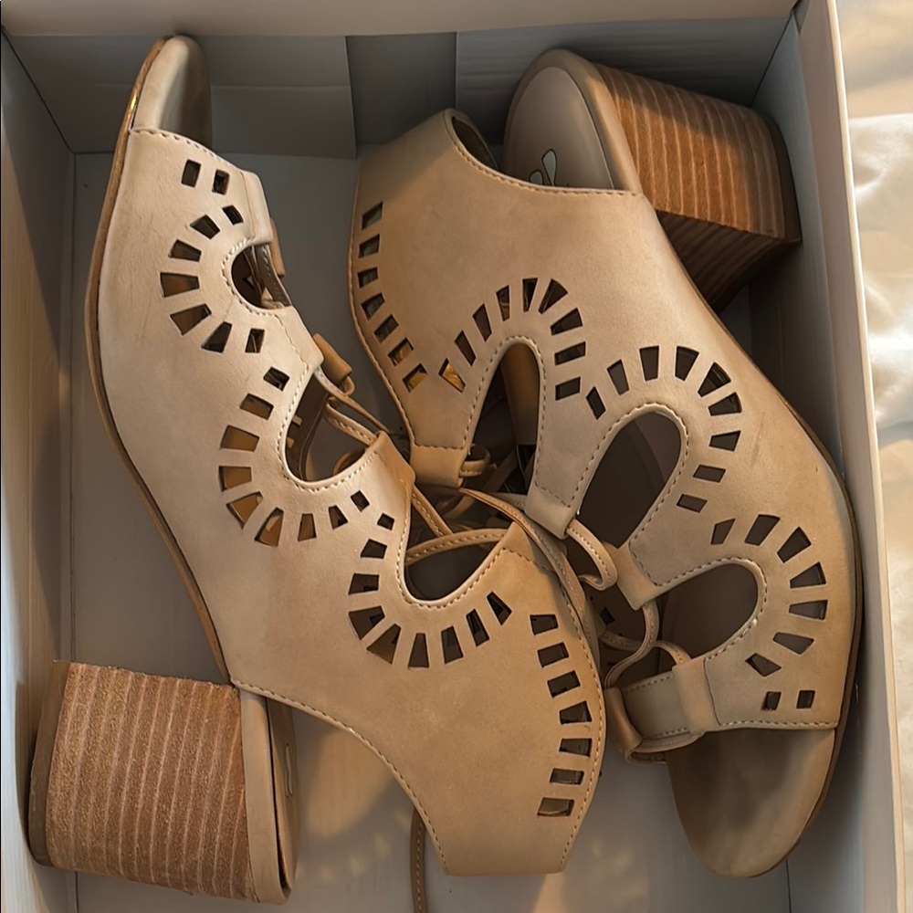 BP Beige Cutout Block Heel Sandals